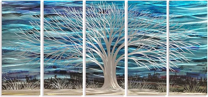 RICHSPACE ARTS 3D Blue Abstract Metal Wall Art Bright Silver Tree Metallic Artwork on Aluminum for Living Room Large Modern Sculpture Decor for Bedroom Entryway