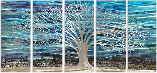 RICHSPACE ARTS 3D Blue Abstract Metal Wall Art Bright Silver Tree Metallic Artwork on Aluminum for Living Room Large Modern Sculpture Decor for Bedroom Entryway