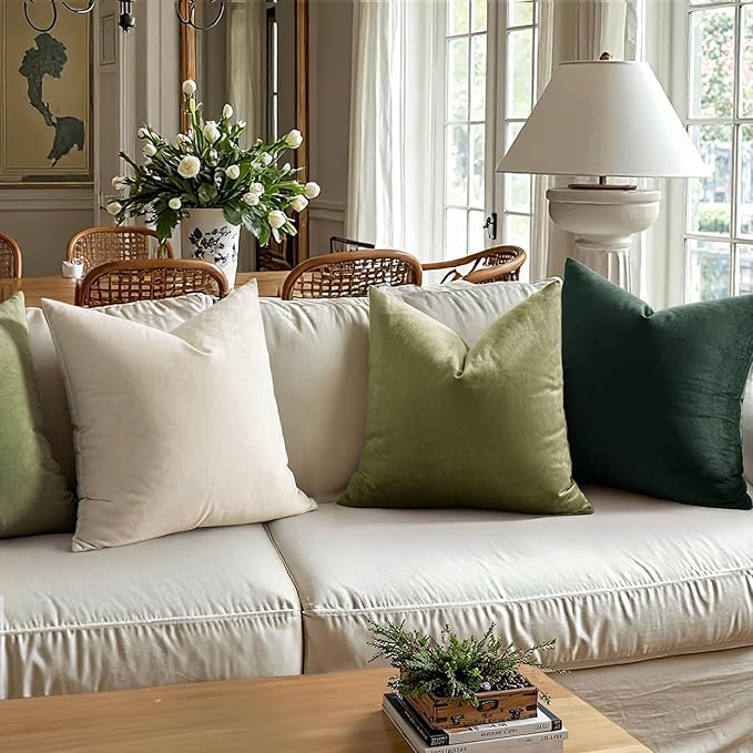 MIULEE Pack of 2 Velvet Soft Solid Decorative Square Throw Pillow Covers Christmas Cushion Case for Sofa Bedroom Couch, 20x20 Inch Army Green