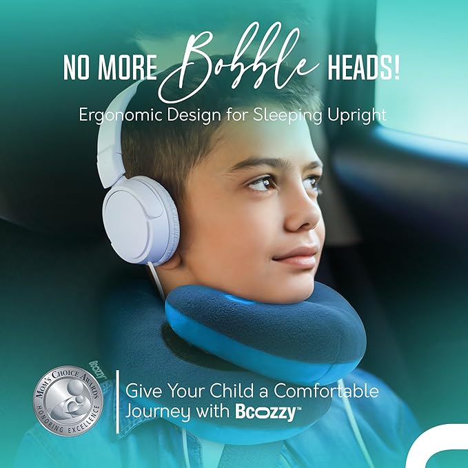BCOZZY Kids Chin Supporting Travel Pillow for Ages 8–12- Patented Soft Neck Pillow for Head and Chin Support in Car Seat and Airplane. Comfortable Travel Essential. Small Size, Bag, Light Purple