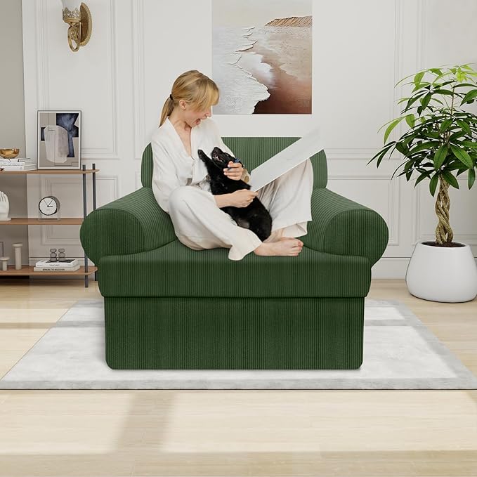 Waterproof Chair Cover with Arms 2-Piece Set Striped Slipcover for 1 Separate T Cushion Couch - TPU Fabric Armchair Covers Leakproof Couch Protector for Kids, Pets(Chair, Military Green)