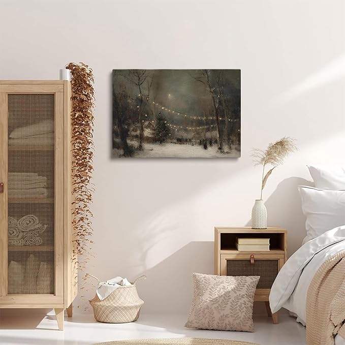 Winter Evening Landscape Wall Art Prints,Moody Antique Snowy Holiday Decor,Rustic Christmas Eve Print,Snowy Forest Lights Christmas Poster