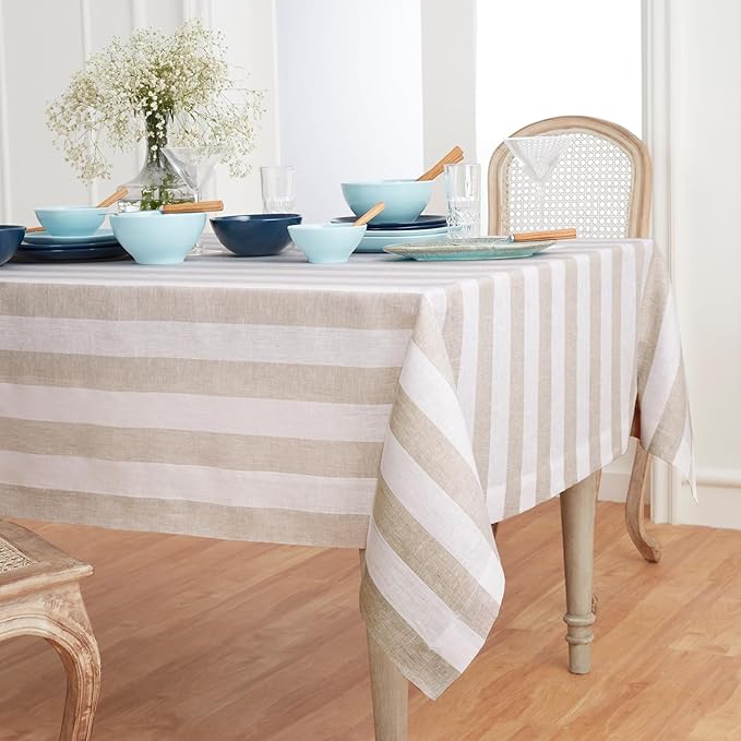 Solino Home Linen Tablecloth 60 x 120 Inch - Cabana Stripe 100% Pure Linen Natural and White Table Cloth for Rectangle Tables - Machine Washable Tablecloth for Fall, Autumn, Thanksgiving, Christmas