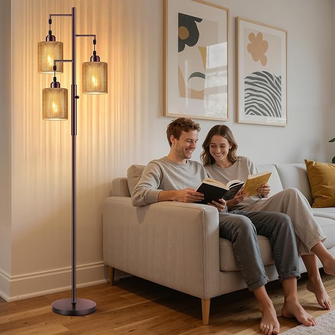 Hotsonic 72" Tall Boho Floor Lamp, Dimmable Standing Lamp with Handcrafted Rattan Shade, Industrial Tree Floor Lamps for Living Room, Bedroom, Study Room, Office (3 x 800LM LED Bulbs Included) - Brown