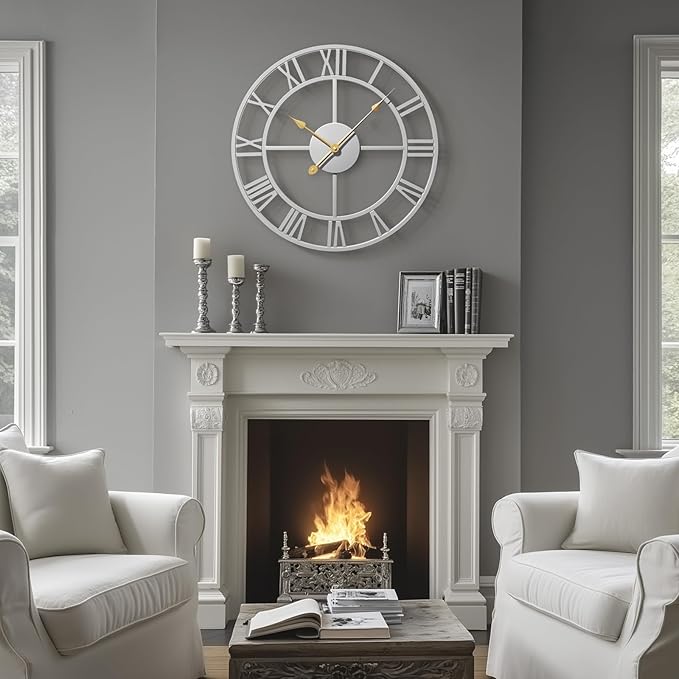 Cuspin 16 inch Wall Clock Silver, Modern Decorative Metal Clock Silent Non Ticking, Battery-Operated Round Clock Roman Numeral Analog for Living Room, Kitchen, Bedroom, Office, Home Decor
