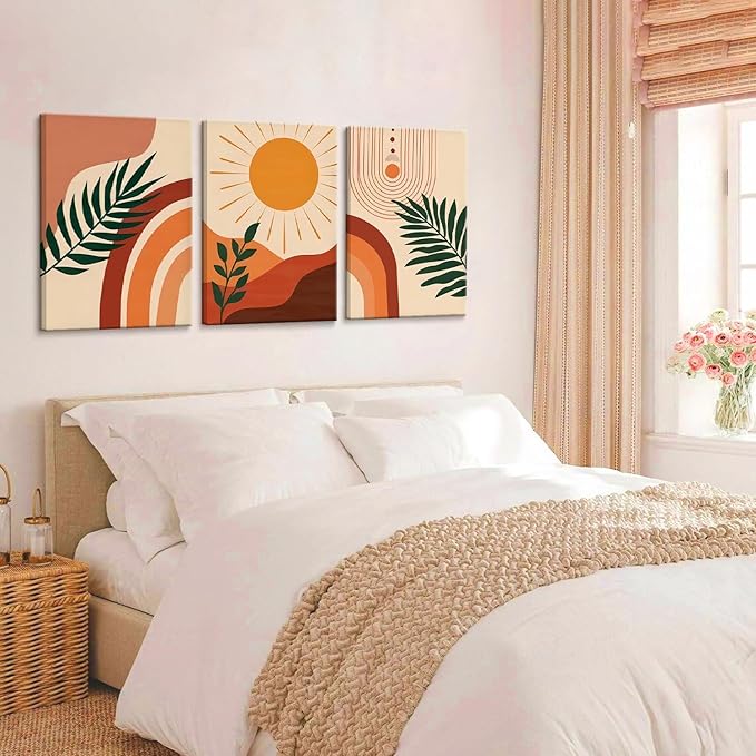 3pcs Framed Boho Wall Art Mid Century Modern Wall Decor Botanical Geometric Abstract Neutral Canvas Sun Mountain Posters Prints Orange Minimalist Artwork Ready To Hang for Living Room Bathroom Bedroom