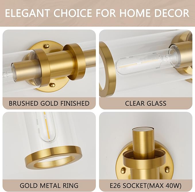 17.5 inch Gold Wall Sconces, Modern Wall Sconces Lighting with Clear Glass Shade, 2-Light Gold Vanity Light Wall Lamp for Mirror Bathroom Kitchen Living Room