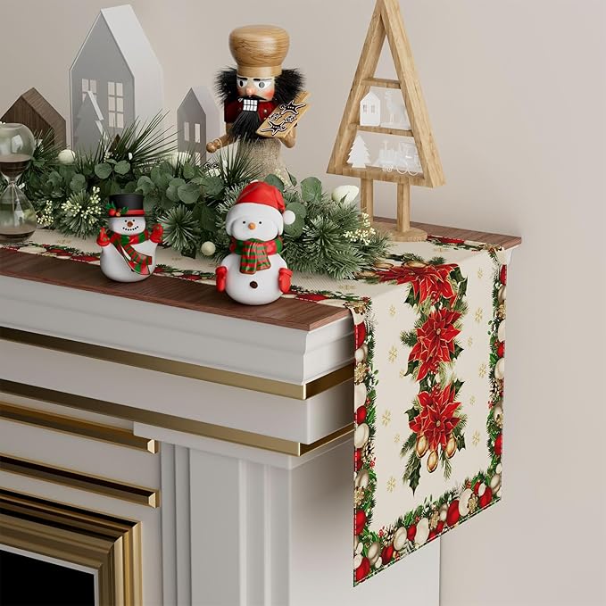 XCHI Christmas Poinsettias Leaves Bells Snowflakes Winter Xmas Table Runner Table Decoration for Home Kitchen Dining Holiday Decor 13x72 Inch