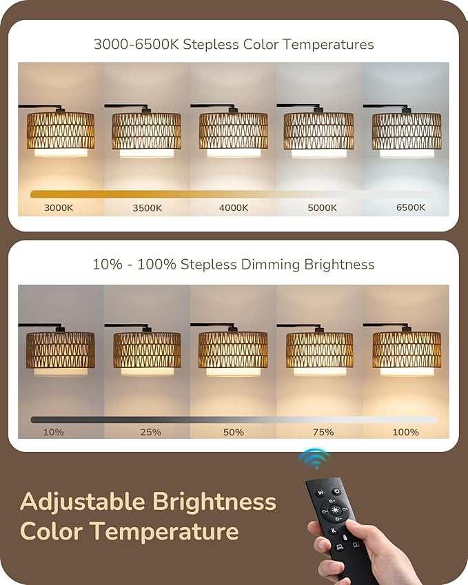 EDISHINE Arc Floor Lamps for Living Room Rattan Boho Floor Lamp with Remote Control,Dimmable Standing Lamp Wicker Lamp Shades Black Standing Lamp with 5 Color Temperature Tall Floor Lamps for Bedroom
