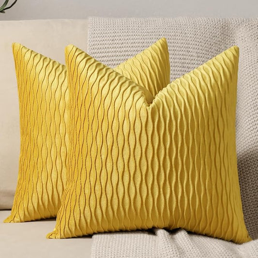 Mustard Yellow Couch Pillow Covers: 2 Pack 16x16 Inch Original Striped Velvet Square Throw Pillow Cases for Farmhouse Home Decor