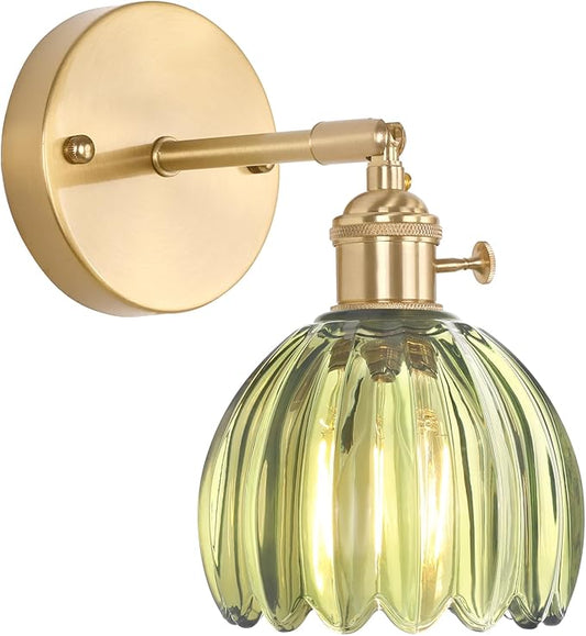 Vintage Wall Sconces with Cute Green Tulip Glass Lampshade 180 Degree Adjustable Brass Sconces Hradwired Modern Wall Lighting Fixture with Switch for Bedside Bedroom Doorway