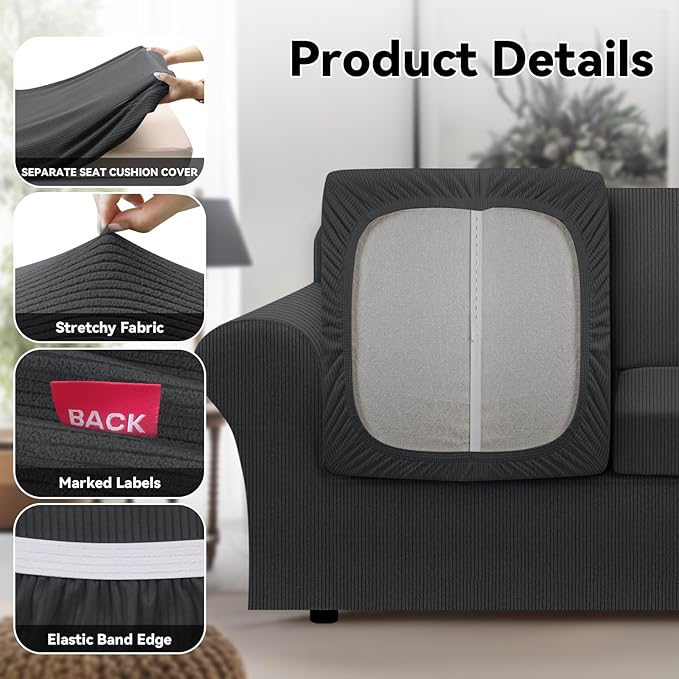 100% Waterproof Couch Cover 4-Piece Set Striped Sofa Slipcovers for 3 Cushion Couch Sofa Covers with TPU Leakproof Bottom Stretch Couch Protector Pet Proof - Sofa(3-Cushion), Dark Gray