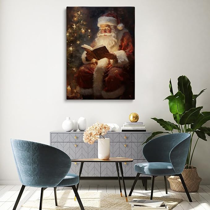 Vintage Christmas Santa Reading Book Wall Art Print,Santa Reading the Bible Oil Painting,Christmas Cottagecore Decor,Dark Academia,Winter Print