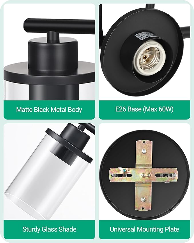 EDISHINE Bathroom Light Fixtures, 3 Light Bathroom Vanity Light, Matte Black Bathroom Lights Over Mirror with Clear Glass Shade for Bedroom Powder Room Vanity Table Kitchen (E26 Base)