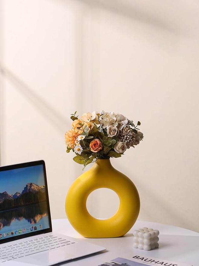 Modern Donut-Shaped Decorative Vases, Handmade Minimalist Boho ins Style, Modern Vase for Home Decor for Wedding Dinner Table Party Living Room Office Bedroom (Yellow, Small)