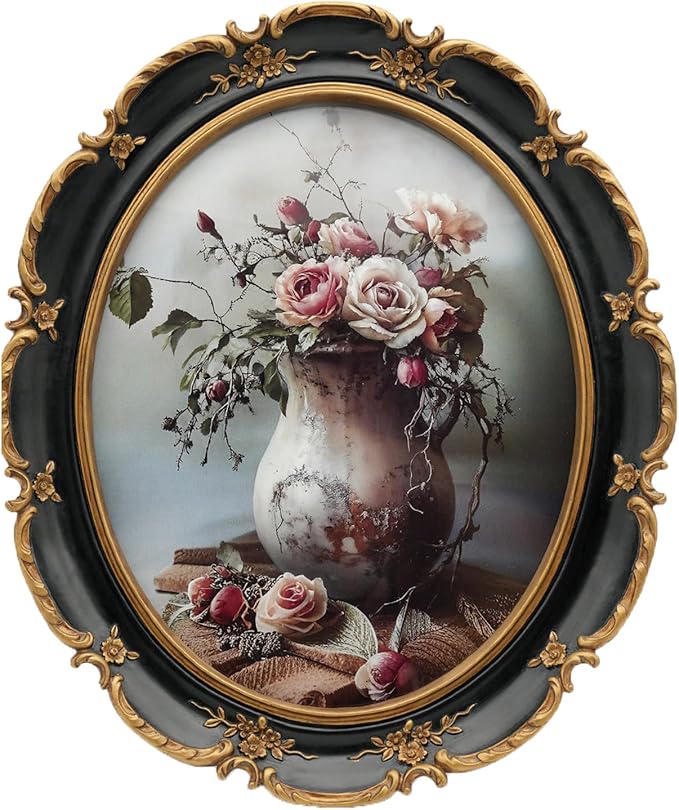 Oval Frame 8x10 - Black Gold Vintage Picture Frames 8x10, Antique Ornate Frames 8 X 10 With Glass Front For Tabletop Photo Display And Wall Hanging, Golden Frame 8 By 10