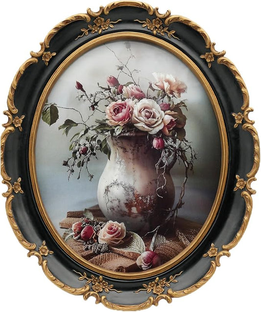 Oval Frame 8x10 - Black Gold Vintage Picture Frames 8x10, Antique Ornate Frames 8 X 10 With Glass Front For Tabletop Photo Display And Wall Hanging, Golden Frame 8 By 10