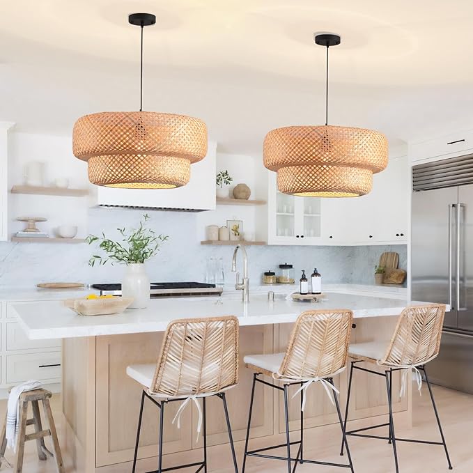 Hand Woven Rattan Pendant Light 14 Inch 2 Layer Round Bamboo Light Fixture Minimalist Boho Pendant Light for Kitchen Island Dining Room Living Room Corridor Foyer Hallway