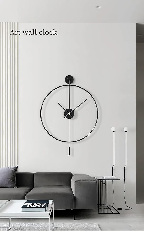 SHISEDECO Classical Large Modern Round Minimalist Wall Clock with Swing Pendulum, Non-Ticking Silent Metal Decorative Creative Art Clocks for Home, Living Room, Bedroom, Study, Office (24", Black)