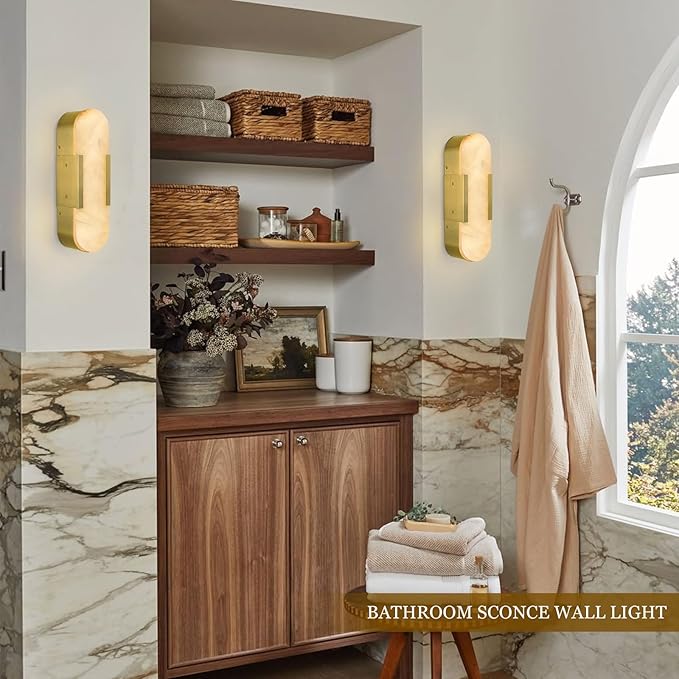Alabaster Wall Sconce, 13.8" Natural Marble Wall Sconce, Brass Alabaster Sconces Set of Two, Indoor Modern Bathroom Sconces Wall Lighting for Living Room, Bedroom, Hallway, Stairs