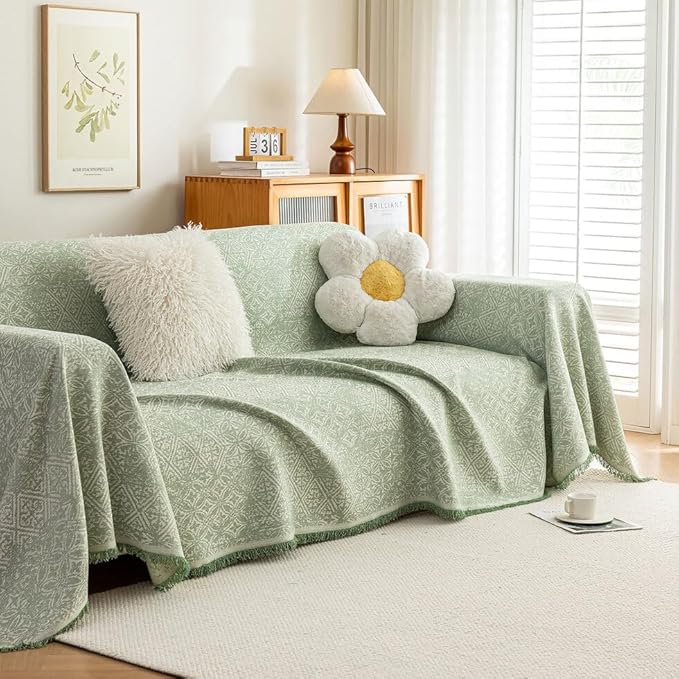 ROOMLIFE Green Sofa Cover, Vintage Boho Couch Cover for 3 Cushion Sofa, Soft Breathable Sofa Cover for Dog, Washable Furniture Sofa Protector Cover Blanket with Tassel for Living Room, 71 '' X 134''