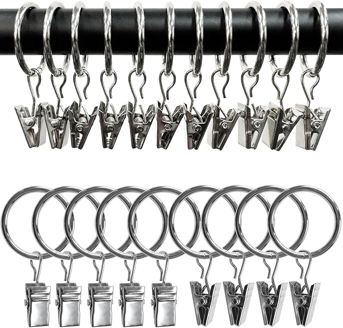 100 Pack Curtain Rings with Clips, Drapery Clips with Rings, Drapes Rings 1.26 in Interior Diameter, Fits up to 1 Inch Curtain Rod, Silver