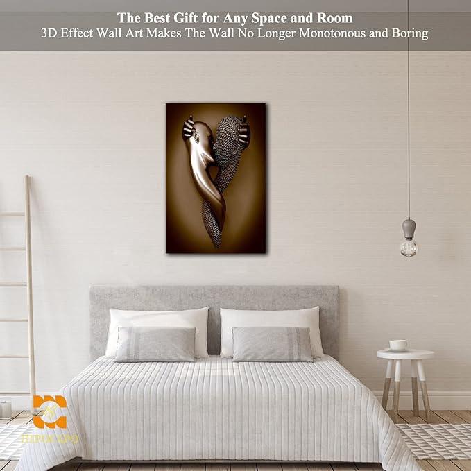3D Metal Effect Wall Art - 3D Metal Art Wall, Modern Abstract Hug Lovers Painting Picture Poster Prints for Bathroom, Romantic Couple Living Room Canvas Wall Art Framed 18”x24”x1Pcs