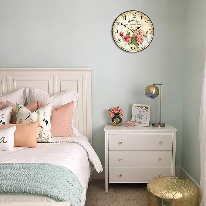 Home Clock 14 Inch Silent Non-Ticking Quartz Movement Wooden Wall Clock Round Battery Operated Indoor Decorative Wall Clocks Vintage French Floral Wall Clock (Pink Roses)