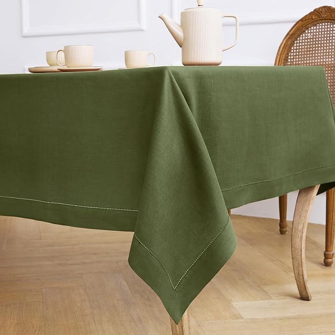 Solino Home Olive Linen Tablecloth 60 x 156 Inch - 100% Pure Linen Classic Hemstitch Table Cloth for Rectangle Tables - Machine Washable Tablecloth for Wedding, Parties, Fall, Autumn, Thanksgiving