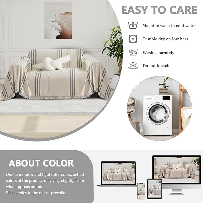 DREAMINGO Armchair Cover Washable Chenille Sofa Protector for Pet Kids Beige Grey Chair Couch Covers for 1 Cushion Couch Stripe Jacquard Versatile Sofa Throw Slipcover for Futon Couch, 71"x91"