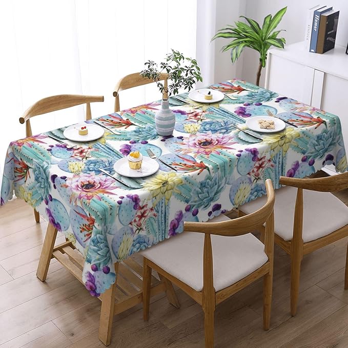 Cactus Table Cloth for Dining Tables, Reusable Blue Succulents Flowers Bloom Vibrant Watercolor Plant Tablecloths Decoration Tabletop Rectangle Table Cover for Kitchen,Party,Banquet,54x72In
