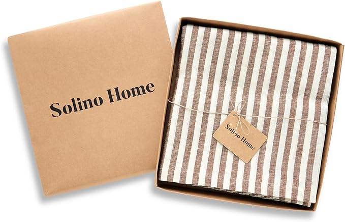 Solino Home Linen Tablecloth 60 x 108 Inch - Amalfi Stripe 100% Pure Linen Brown and Cream Table Cloth for Rectangle Tables - Machine Washable Tablecloth for Fall, Autumn, Thanksgiving