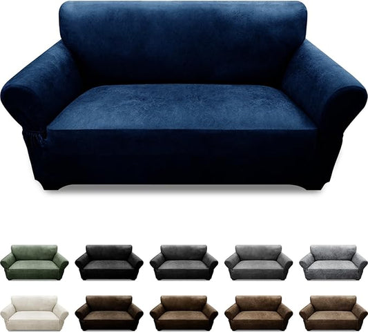 Loveseat Sofa Slipcover Leather Look Couch Covers for 2 Seater Couch Sofa 1-Piece Sofa Cover Stretch Furniture Protector with Elastic Bottom & Pockets(Loveseat, Navy)