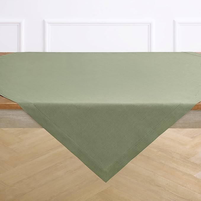 Solino Home Linen Square Tablecloth 52 x 52 Inch - 100% Pure Linen Oil Green Table Throw - Fete, Machine Washable Table Cloth for Fall, Autumn, Thanksgiving, Christmas