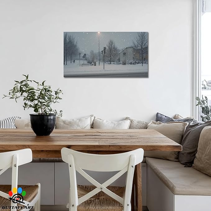 GUTTATY Christmas Winter Scene Canvas Wall Art, Snowy Street Canvas Prints, Tranquil Outdoor Winter Pictures Wall Decor, Seasonal Hanging Artwork for Living Room, Bedroom, Office, 40x20 Inch