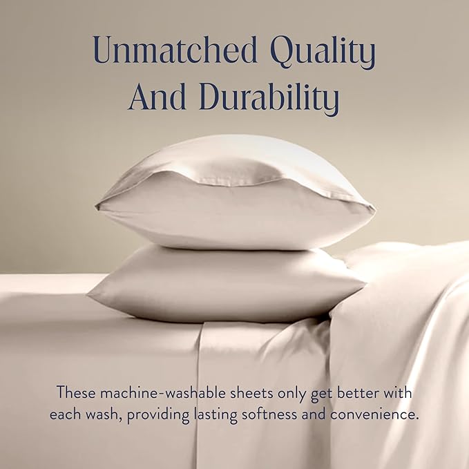 Brooklinen Luxury Sateen 4 Piece Sheet Set - 100% Cotton Bed Sheets, Soft & Durable Full Size Sheet Set in Pebble, Oeko-TEX Certified Bedding Set, 1 Fitted Sheet, 1 Flat Sheet, 2 Pillowcases