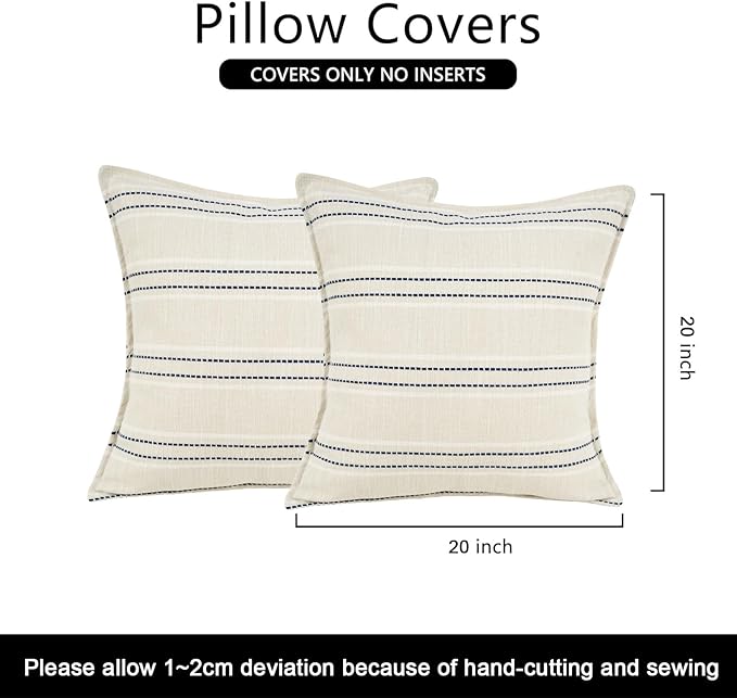 18X18 Decorative Farmhouse Linen Throw Pillow Covers, Boho Textured Pillow Case Set of 2 ,Beige with White & Blue Stitch Yarn Dyed Stripe Cushion Cover ,Modern Accent Square Pillowcase for Sofa Couch