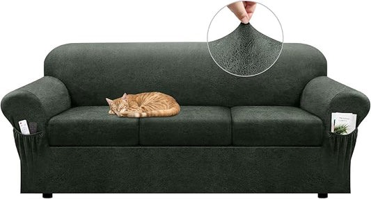 Sofa Slipcover with Armrest Pockets 4-Piece Set, Stretch Faux Leather Couch Cover for 3-Cushion Couches(Fits 72-92") - Non-Slip, Machine Washable, Pet & Kid Friendly - Military Green
