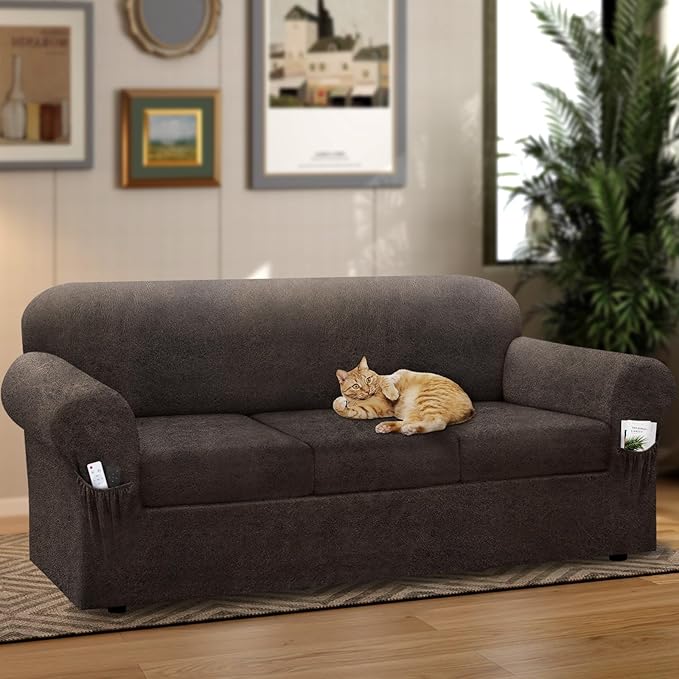 Sofa Slipcover with Armrest Pockets 4-Piece Set, Stretch Faux Leather Extra Large Couch Covers for 3-Cushion Couches(Fits 98-112") - Machine Washable, Pet & Kid Friendly - Light Brown