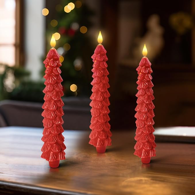 Homemory 3 Pcs Christmas Tree Candles with Remote, Waxy Flameless Taper Candles Flickering, Red LED Candlesticks Battery Operated for New Year Celebration Holiday Decorations 9.7 Inches