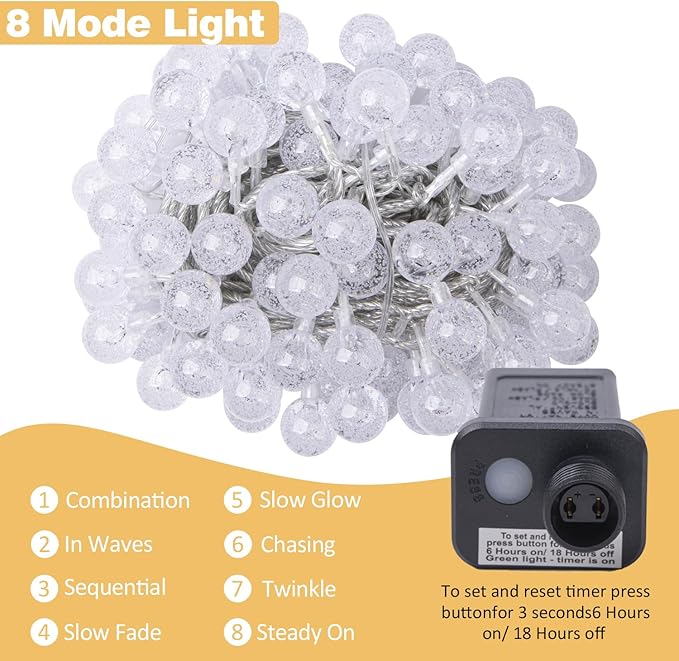 Ogrmar 49 ft 100 LED Globe Ball String Lights 8 Modes Crystal Bubble Ball String Lights with Remote, Timer Function & Connectable for Indoor Outdoor Wedding Christmas Tree Garden Decor (100, White)