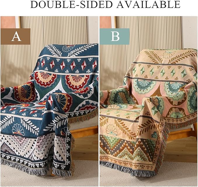 Double-Sided Cotton Woven Throw Blanket with Tassel Jungle Bohemian Style Tapestry Shawl Multi-Function Decorative Throws for Sofa Bed Armchair Camping Blanket Tablecloth Carpet 160x130cm