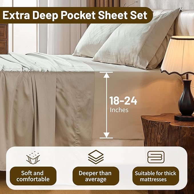 MEISHANG Extra Deep Pocket Cotton Sheets California King - 100% Egyptian Cotton 1000 Thread Count - Fits 18"-24" in Deep Mattress,Oeko-Tex Certified, Soft & Breathable - 4 Piece (Cal King, Linen)