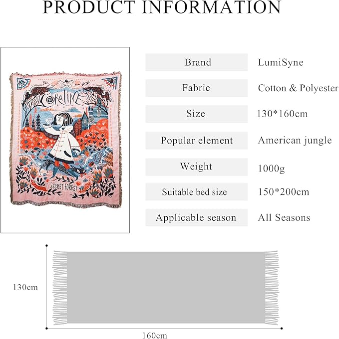 Double-Sided Cotton Woven Throw Blanket with Tassel Jungle Bohemian Style Tapestry Shawl Multi-Function Decorative Throws for Sofa Bed Armchair Camping Blanket Tablecloth Carpet 160x130cm