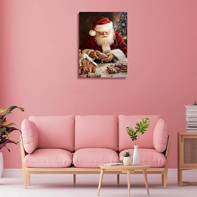 Christmas Gingerbread House and Santa Wall Art Print,Vintage Cozy Christmas Kitchen Wall Paintings for Kitchen Home Decor
