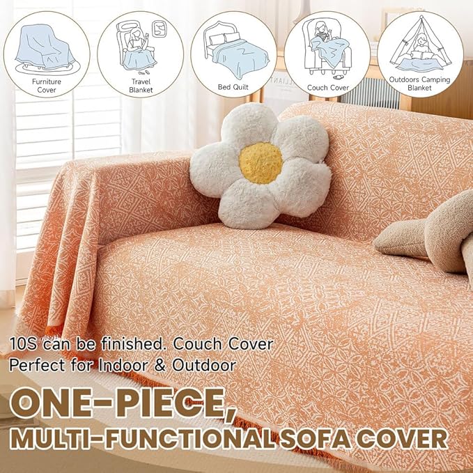 ROOMLIFE Orange Couch Cover Boho Sofa Covers for 3 Cushion Couch Washable, Furniture Protector Sofa Couch Cover for Dogs, Soft Breathable Sofa Slipcover, Couch Throw Blankets with Tassels 71''X118''