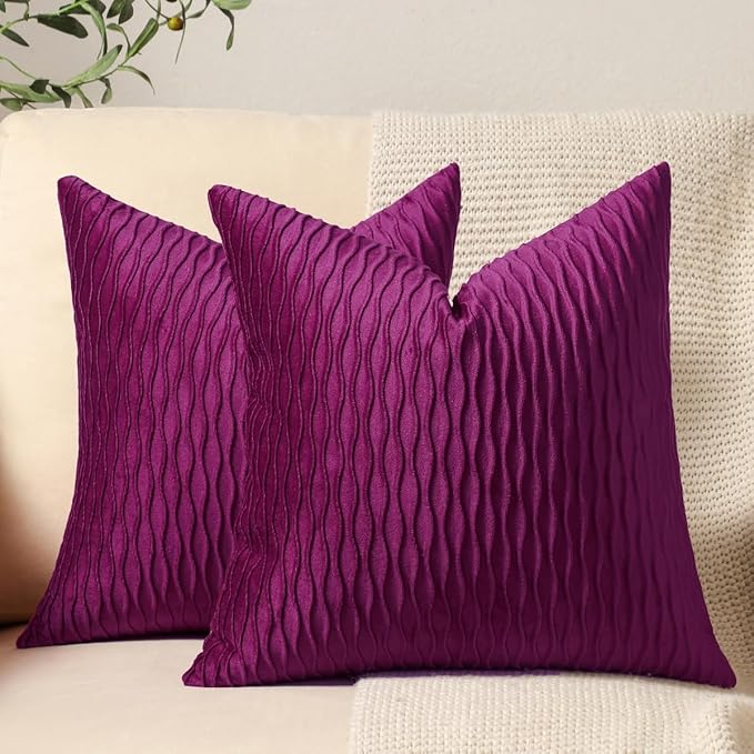 22x22 Purple Throw Pillow Cases: 2 Pack Original Striped Velvet Square Decorative Pillow Covers for Farmhouse Couch