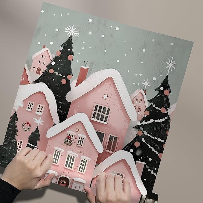 OZCONO Pink Christmas Town Wall Art, Winter Village Print, Whimsical Christmas Decor, Christmas Farmhouse Design Idea, Xmas Seasonal Art (Unframed) (16x24)