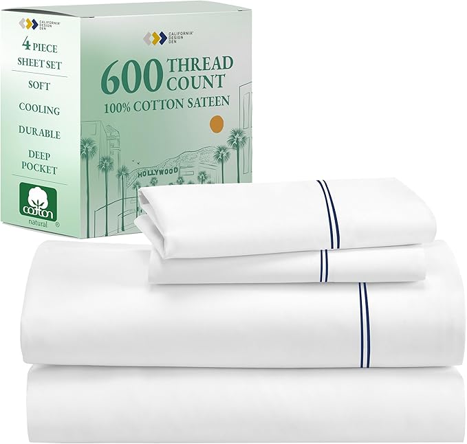 California Design Den Luxury Queen Size Sheet Set - 100% Cotton, 600 Thread Count Deep Pocket Queen Sheets, Hotel-Quality Bedding with Sateen Weave - White Embroidered Navy