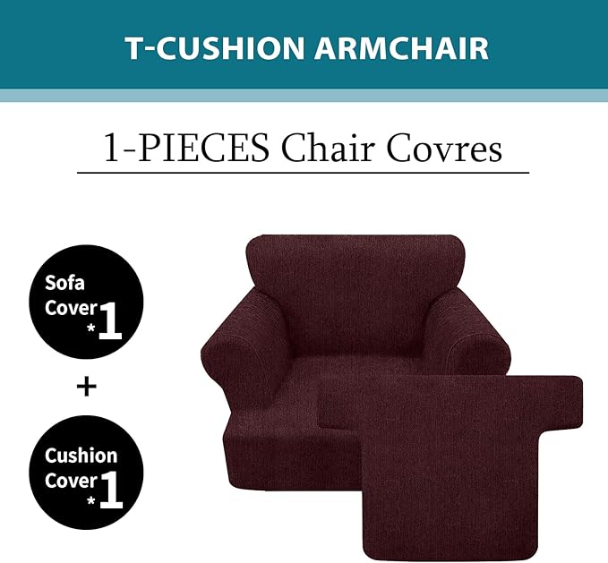2 Pieces T Cushion Chair Covers with Arms Super Stretch Chair Slipcover for Living Room Pet Dog Universal Slip Cover Anti Slip Armchair Furniture Protector (Burgundy, 1 Cushion)